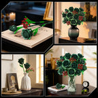 TERRAMUS Green Roses Bouquet Building Set with LED Lights,16 Roses & Red Gypsophila Artificial Flowers Botanical Collection Gift for Her Home & Office Decor (523Pcs)