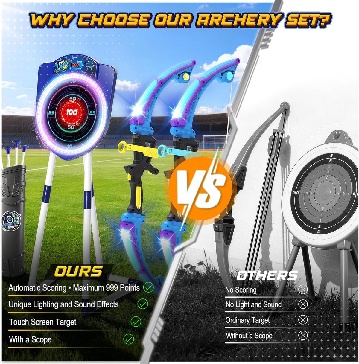 TERRAMUS 2 Pack Light Up Bow and Arrow Set for Kids with Electronic Scoring Target, 10 Suction Cup Arrows, 2 Quivers, Indoor Outdoor Target Game for Boys Girls Ages 5-12