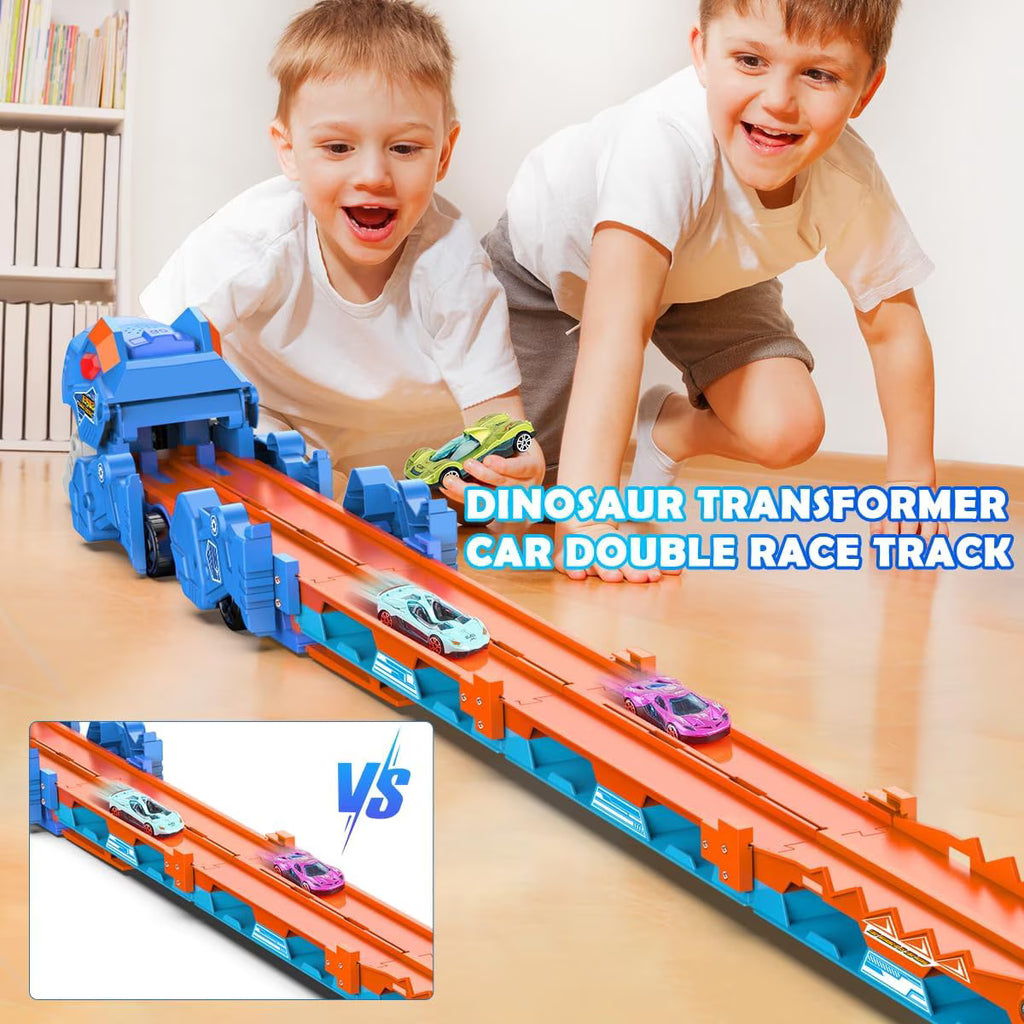 TERRAMUS Dinosaur Transport Truck Toy, 2-in-1 Folding 65-Inch Racing Track Carrier Vehicle with 8 Diecast Cars Toys for Toddlers Kids Age 3+