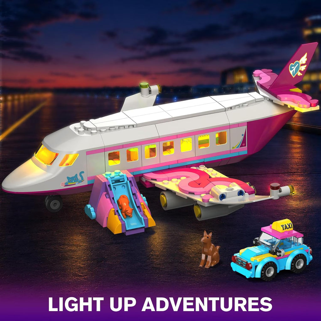 TERRAMUS 3-in-1 Friends Airplane Building Set with LED Light, 642PCS Passenger Plane/Submarine/Space Shuttle Building Toys with Playground, Taxi Car, Slide, STEM Gifts for Kids Girls Boys Ages 6-12+