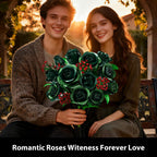 TERRAMUS Green Roses Bouquet Building Set with LED Lights,16 Roses & Red Gypsophila Artificial Flowers Botanical Collection Gift for Her Home & Office Decor (523Pcs)