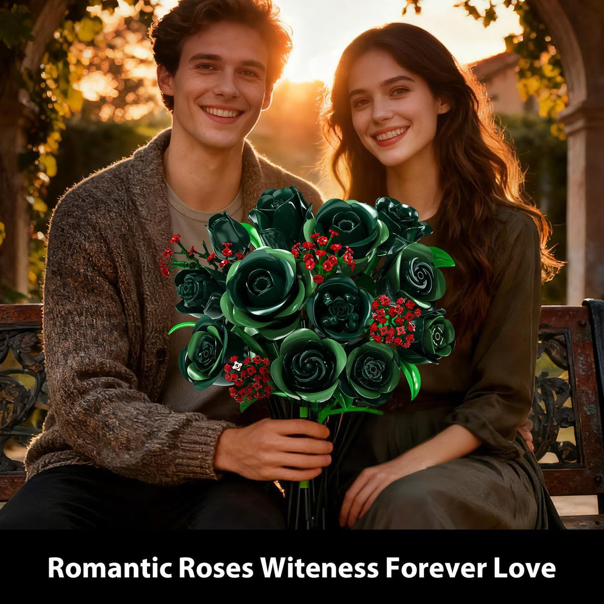 TERRAMUS Green Roses Bouquet Building Set with LED Lights,16 Roses & Red Gypsophila Artificial Flowers Botanical Collection Gift for Her Home & Office Decor (523Pcs)