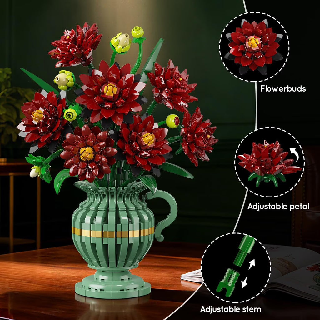 TERRAMUS Dahlia Flower Bouquet Building Set with Vase, 1482 Pcs Flower Bouquet Botanical Collection Building Block, Artificial Plant Bonsai Kit Home Decor Construction Toy for Ages 12+