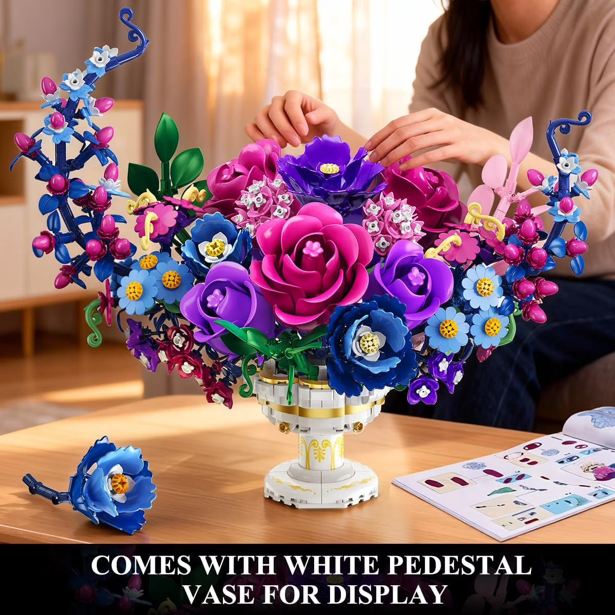 TERRAMUS Moon Flower Bouquet Building Set with LED Light, 1274 Pcs Crescent Shape Floral Building Kit, Lunar Flower Home Decor Gifts for Women Adults Ages 12+