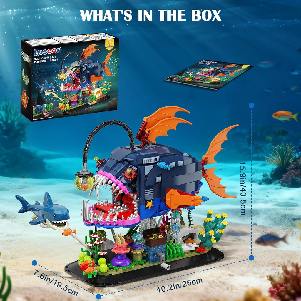 TERRAMUS Mechanical Anglerfish Building Set, 1139 Pcs Deep Sea Lantern Fish Ocean Animal Block Kit with Moving Gear Base Decor Gift Age 12+